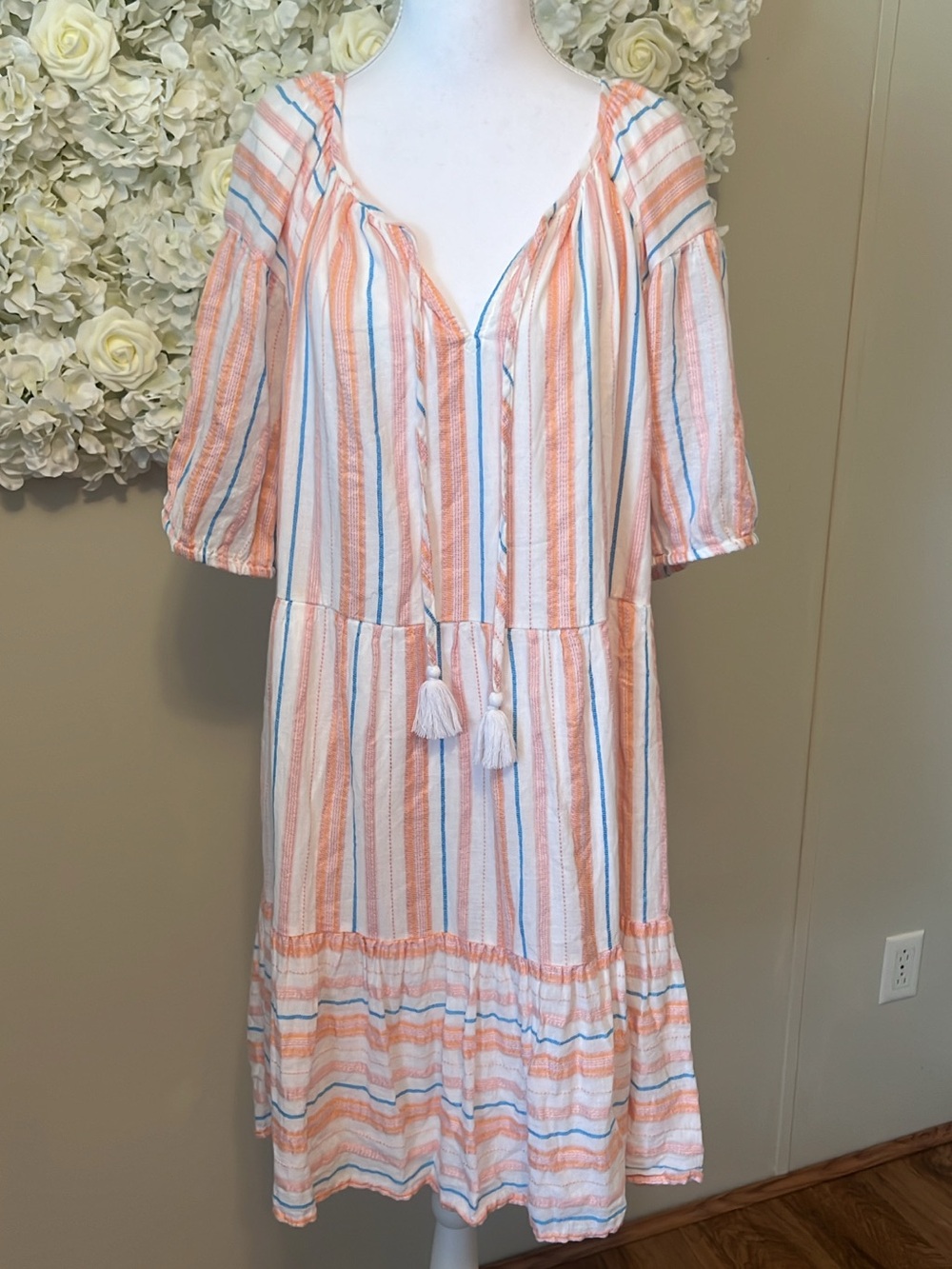 Wonderly White Dress with Peach & Blue Stripe Details